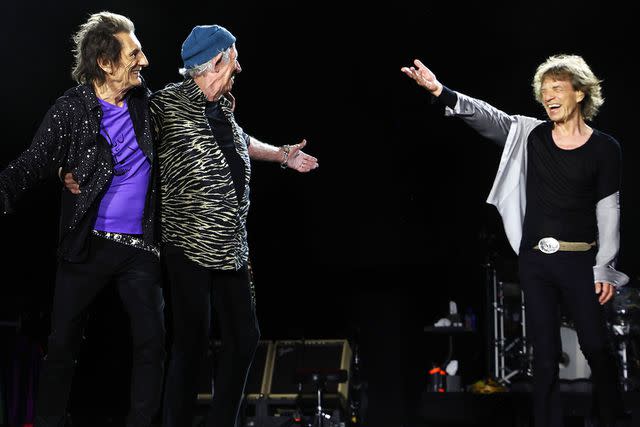 <p>Kevin Mazur/Getty Images for The Rolling Stones</p> Ronnie Wood, Keith Richards and Mick Jagger perform on stage during The Rolling Stones' 'Hackney Diamonds' tour at NRG Stadium on April 28, 2024 in Houston