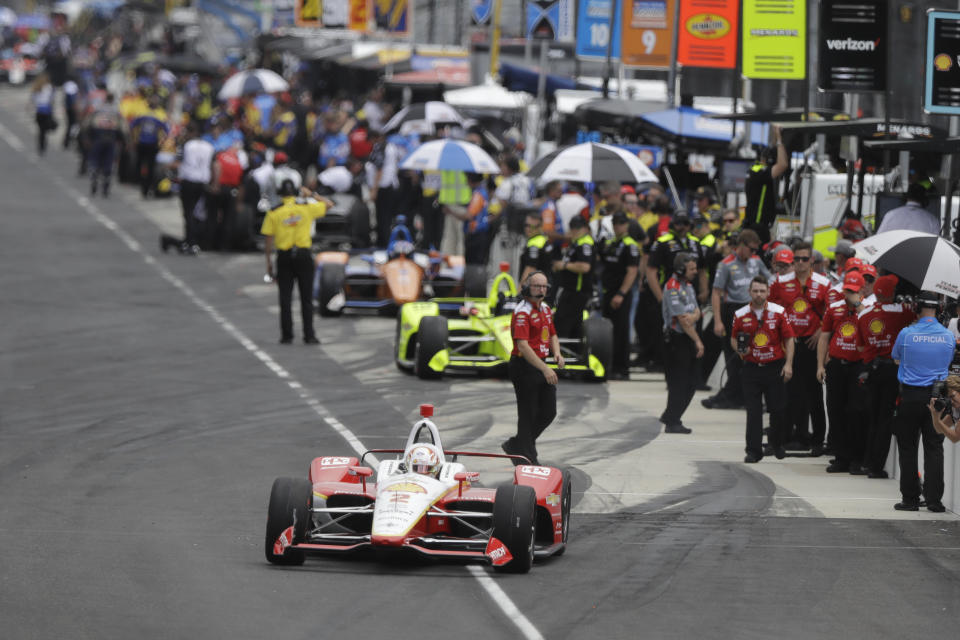 Josef Newgarden pulls out of the pits during practice for the Indianapolis 500 IndyCar auto race at Indianapolis Motor Speedway, Friday, May 17, 2019 in Indianapolis. (AP Photo/Darron Cummings)