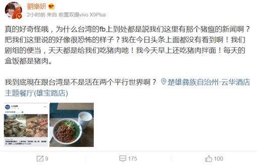 在中國發展的女星劉樂妍，在微博自曝自已天天吃豬肉。（翻攝自劉樂妍微博）