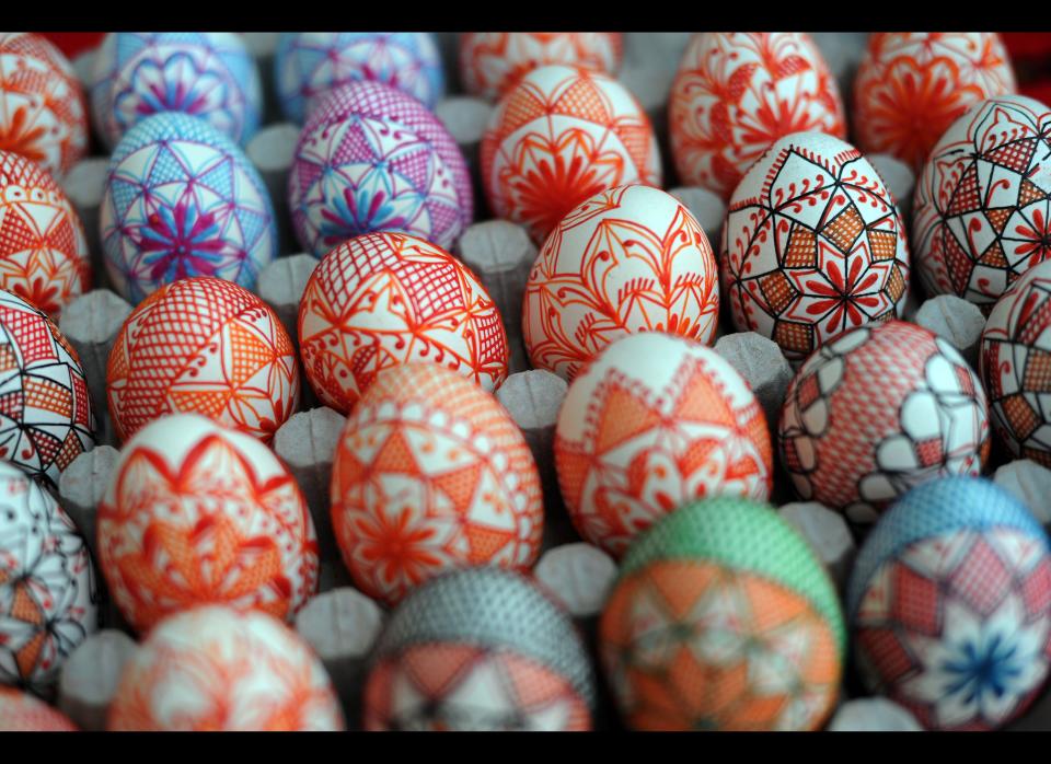 A picture shows hand-painted Easter eggs displayed for sale at a market in downtown Sofia on March 30, 2010. Easter is the annual Christian religion celebration, marking the end of Lent, the season of fasting, and the ressurection of Christ.  AFP PHOTO / DIMITAR DILKOFF 