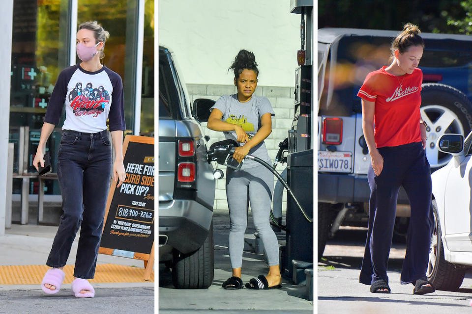 brie larson fuzzy slippers, christina milian, slippers, olivia wilde slippers, los angeles