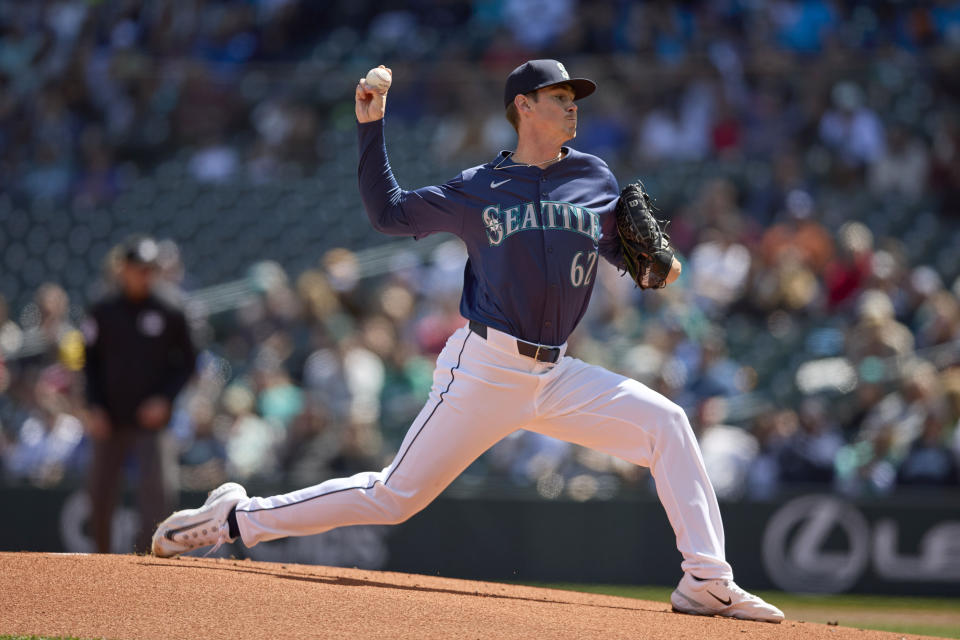 Seattle Mariners starting pitcher Emerson Hancock throws to a Atlanta Braves' batter in the first inning of a baseball game, Wednesday, May 1, 2024, in Seattle. (AP Photo/John Froschauer)