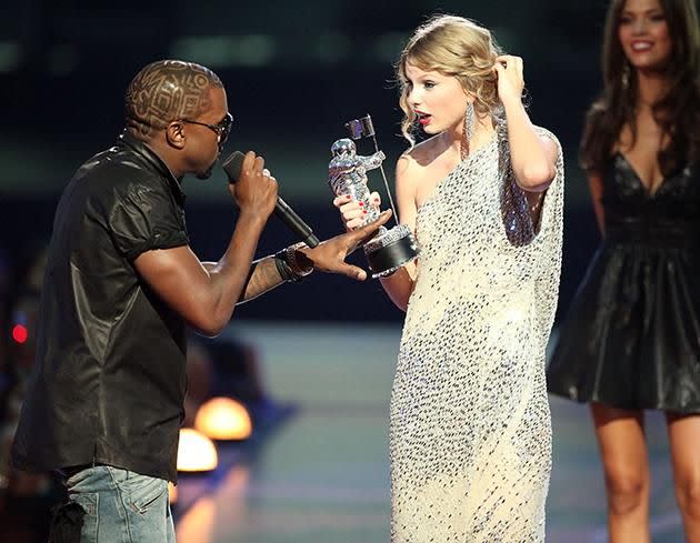 Taylor Swift and Kanye West at the VMAs in 2009. Source: Getty