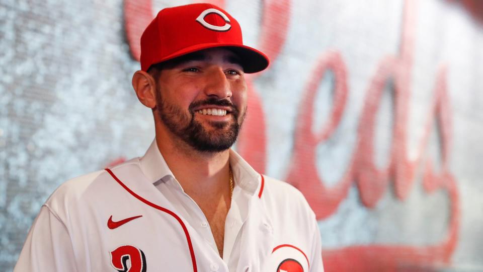 Mandatory Credit: Photo by John Minchillo/AP/Shutterstock (10541609m)Cincinnati Reds' Nick Castellanos waits for interviews during a news conference, in Cincinnati.