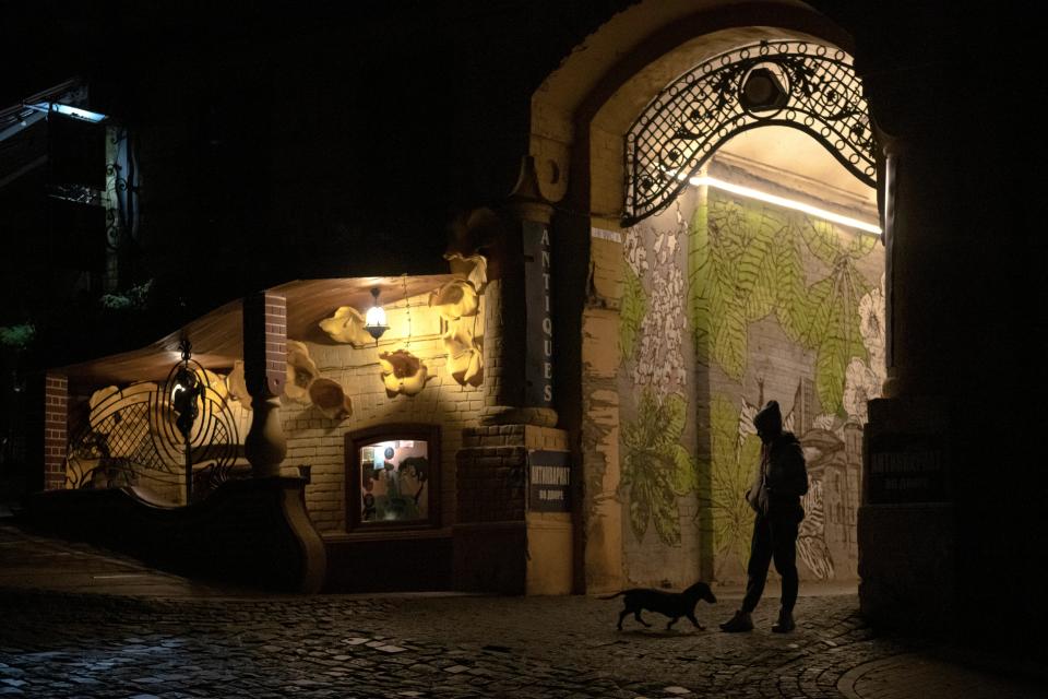 A woman walks her dog during a blackout in Kyiv on Friday (AP)