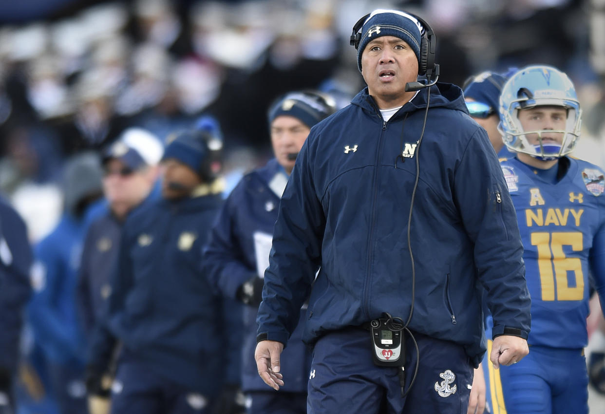 Navy head coach Ken Niumatalolo watches from the sideline in the first half of the Military Bowl NCAA college football game, Thursday, Dec. 28, 2017, in Annapolis, Md. (AP Photo/Gail Burton)