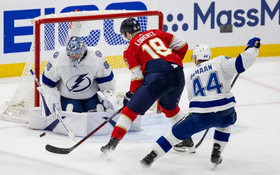 Tampa Bay Lightning goaltender Andrei Vasilevskiy (88) blocks a shot by Florida Panthers center Steven Lorentz (18) in the third period in Game 2 of the first-round of the 2024 Stanley Cup Playoffs at Amerant Bank Arena on Tuesday, April 23, 2024, in Sunrise, Fla.