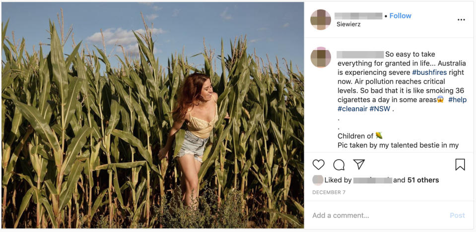 A smiling woman in a yellow top in a cornfield in an Instagram post with a bushfire hashtag. 