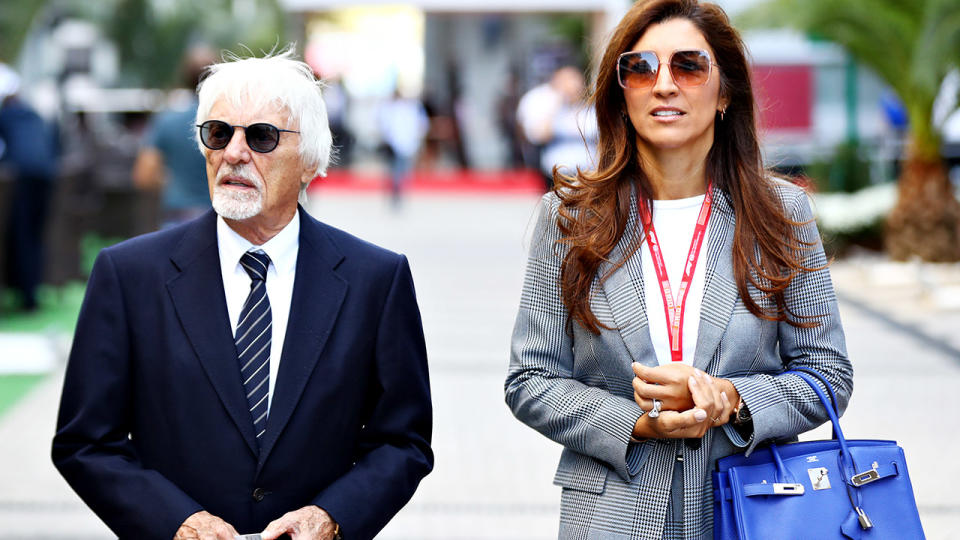 Bernie Ecclestone and wife Fabiana Flosi, pictured here at the Russian Grand Prix in 2019.