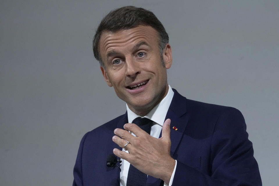 French President Emmanuel Macron delivers a speech, Wednesday, June 12, 2024 in Paris. President Emmanuel Macron is addressing French voters on Wednesday for the first times since he has called snap national election following a crushing defeat of his party by the far-right in the European vote. (AP Photo/Michel Euler)