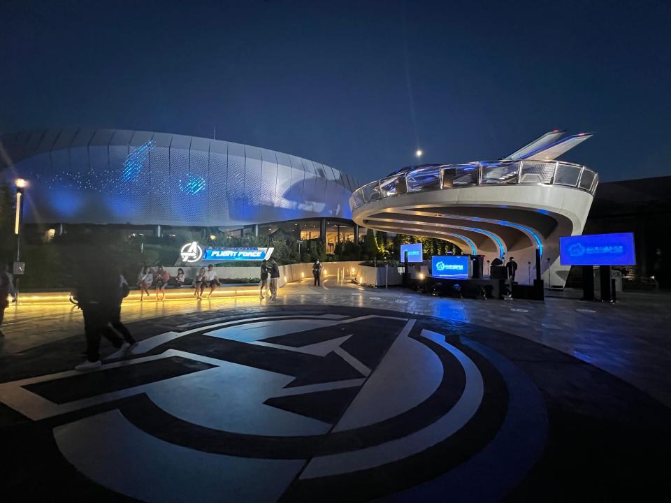 Avengers Campus in Disneyland Paris at night time.