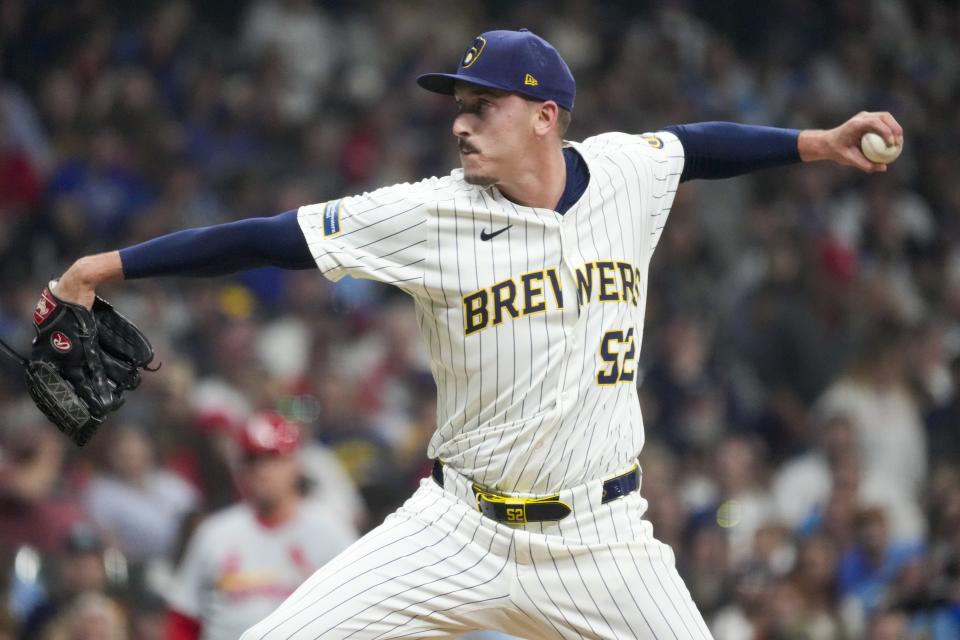 Milwaukee Brewers pitcher Bryan Hudson throws during the seventh inning of a baseball game against the St. Louis Cardinals Saturday, May 11, 2024, in Milwaukee. (AP Photo/Morry Gash)