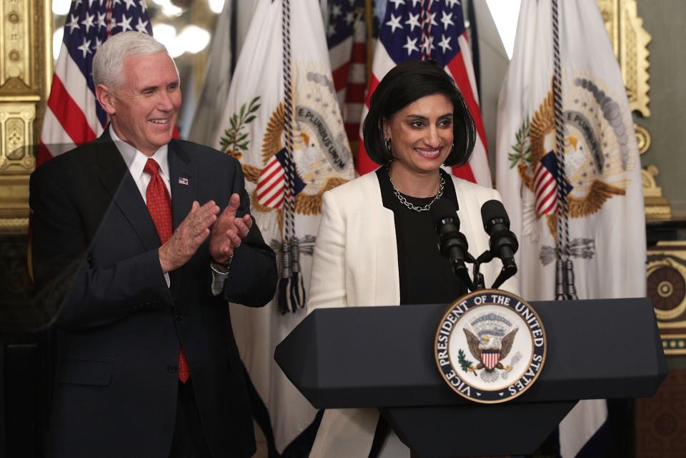 Vice President Mike Pence on March 14, 2017, as Seema Verma, architect of his Indiana health plan, is sworn in as administrator of the Centers for Medicare and Medicaid Services in Washington.