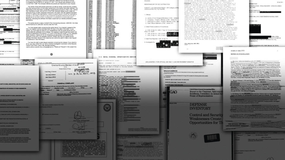 A photo illustration of documents gathered during an AP investigation into missing military weapons. (AP Illustration)