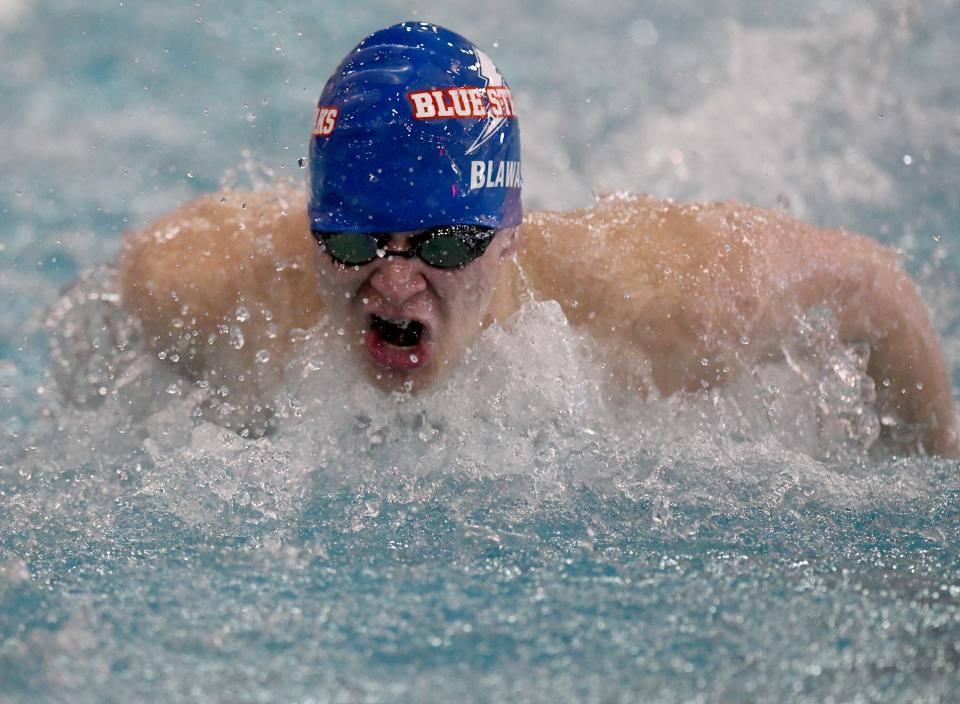 Lake’s Michael Blawas competes in Boys 100 Yard Butterfly in 2024 OHSAA Division I State Swimming Prelims at C.T. Branin Natatorium in Canton. Friday, February 23, 2024.