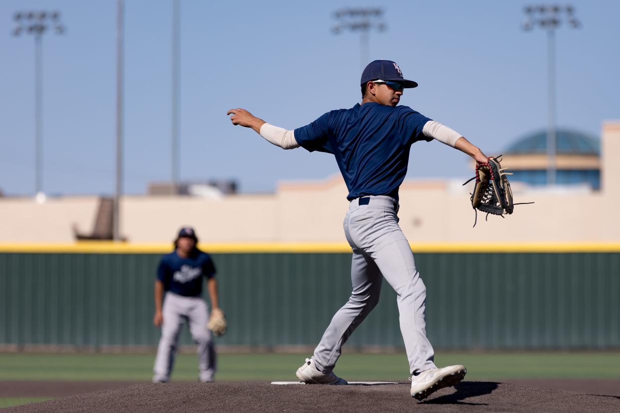 Riverside baseball players Abraham Cervantes works on drills as he prepares for area round of playoffs at practice on Tuesday, May 7, 2024, at Riverside High School in El Paso.