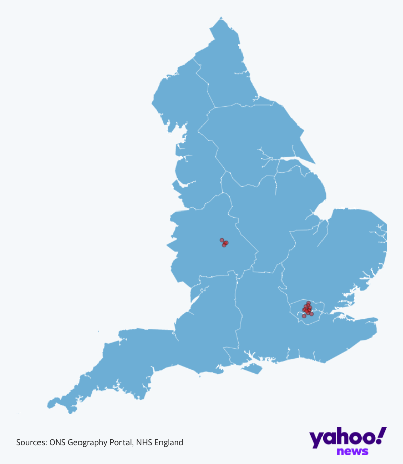 A map showing the 16 NHS trusts with more than one in six staff not double jabbed. (Yahoo)