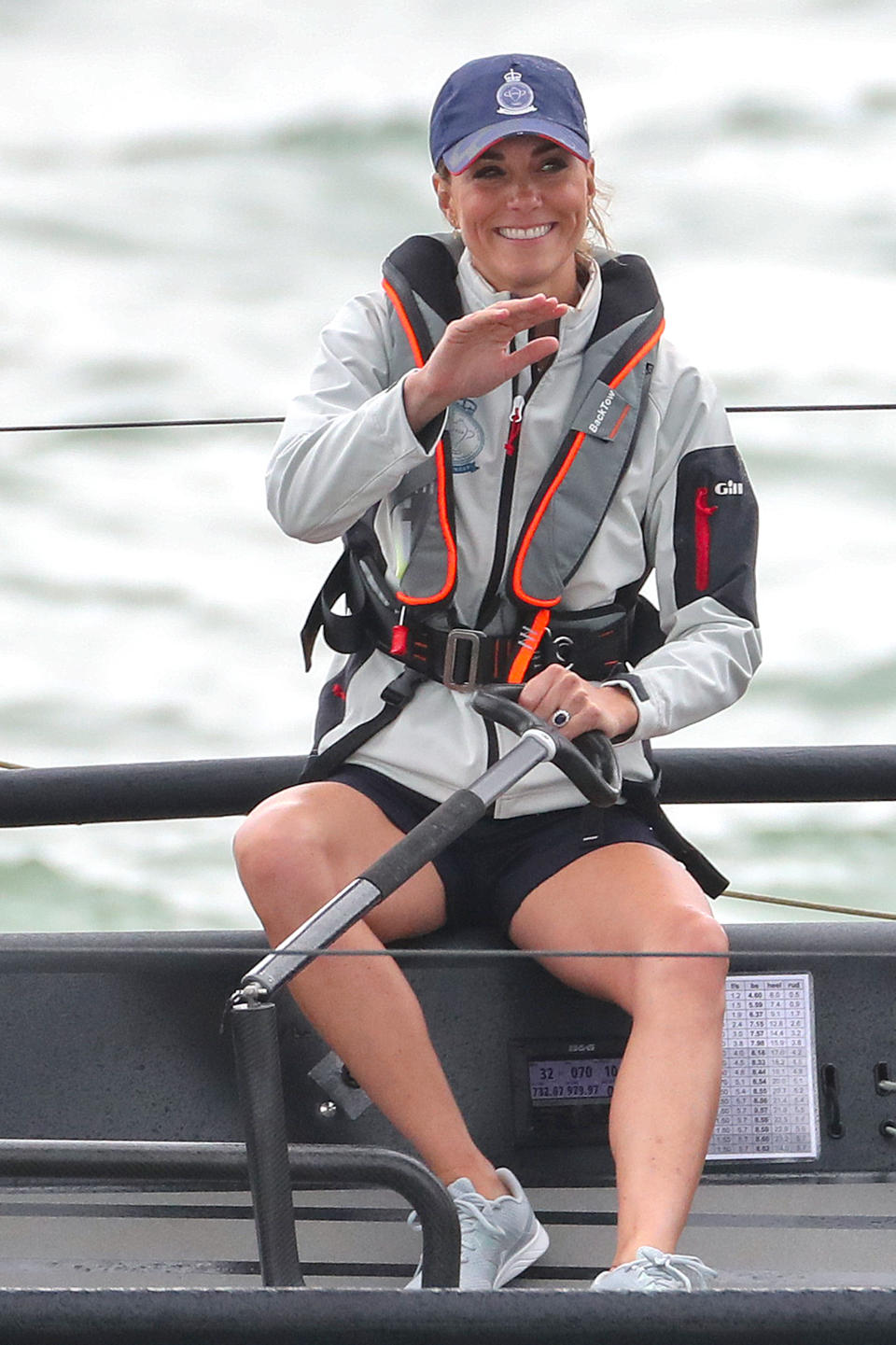 COWES, ENGLAND - AUGUST 08: Catherine, Duchess of Cambridge at the helm competing on behalf of The Royal Foundation in the inaugural King’s Cup regatta hosted by the Duke and Duchess of Cambridge on August 08, 2019 in Cowes, England. Their Royal Highnesses hope that The King’s Cup will become an annual event bringing greater awareness to the wider benefits of sport, whilst also raising support and funds for Action on Addiction, Place2Be, the Anna Freud National Centre for Children and Families, The Royal Foundation, Child Bereavement UK, Centrepoint, London’s Air Ambulance Charity and Tusk. (Photo by Chris Jackson/Getty Images)