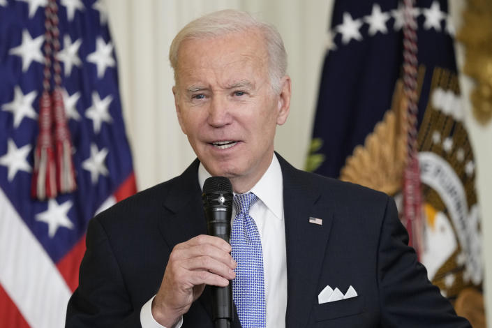 FILE - President Joe Biden speaks in the East Room of the White House to mayors who are attending the U.S. Conference of Mayors winter meeting in Washington, on Jan. 20, 2023. The Justice Department has searched Biden’s home in Delaware and located six documents containing classification markings and also took possession of some of his notes, the president’s lawyer said Saturday, Jan. 21. (AP Photo/Susan Walsh, File)