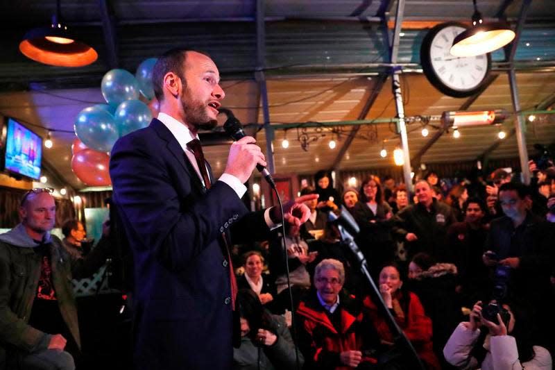 San Francisco District Attorney candidate Chesa Boudin speaks Tuesday, Nov. 5, 2019, during an election night event at SOMA StrEat Food Park in San Francisco. Boudin, the son of anti-war radicals sent to prison for the 1981 Brinks armored car robbery murders in Nyack, New York, when he was a toddler, has won San Francisco's tightly contested race for district attorney after campaigning to reform the criminal justice system.