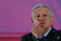 Mexico's President Andres Manuel Lopez Obrador gestures during the daily news conference at National Palace in Mexico City