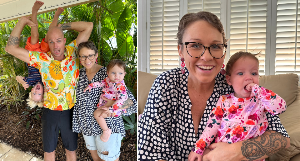 Clare Slater with her husband Joe, son Jack and daughter Daisy (left) and holding Daisy (right). 