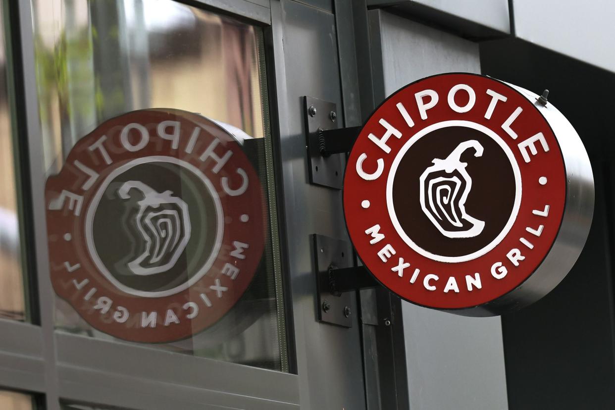 A Chipotle Mexican Grill sign is seen in the Park Slope neighborhood on April 29, 2021 in the Brooklyn borough of New York City. 