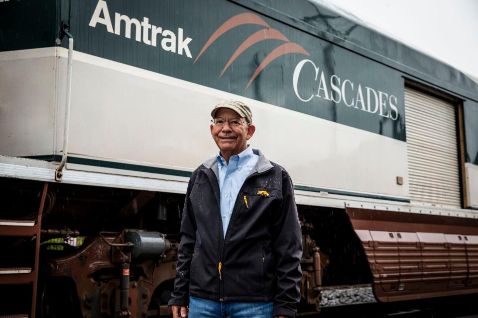 Rep. Peter DeFazio, seen here at the Eugene Station in May 2021, secured funding that reinstates full Amtrak service from the current limited services caused by the pandemic.