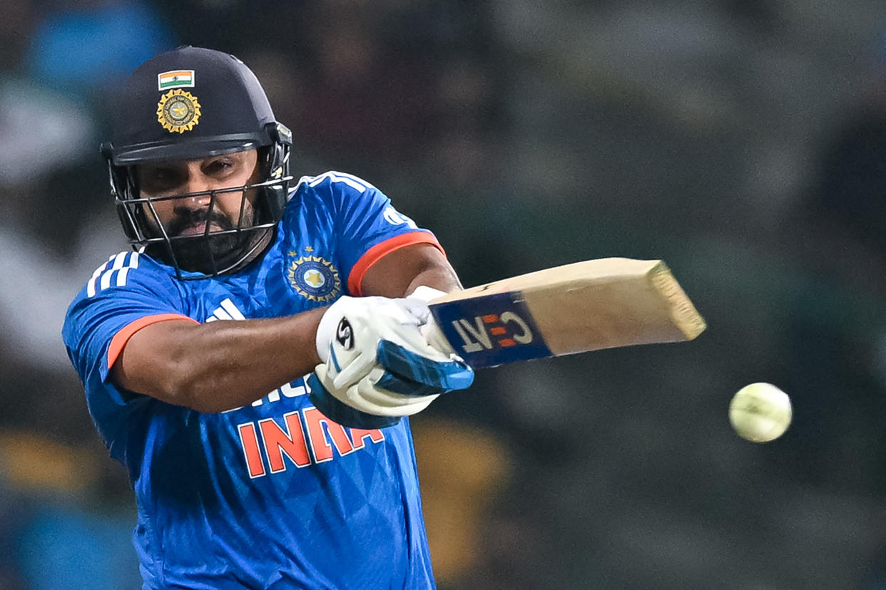 India's captain Rohit Sharma plays a shot during the third and final Twenty20 international cricket match between India and Afghanistan at the M. Chinnaswamy Stadium in Bengaluru on January 17, 2024. (Photo by R.Satish BABU / AFP) / -- IMAGE RESTRICTED TO EDITORIAL USE - STRICTLY NO COMMERCIAL USE -- (Photo by R.SATISH BABU/AFP via Getty Images)
