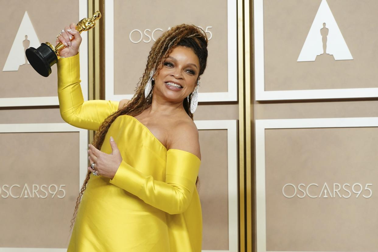 Ruth E. Carter poses with the award for best costume design for "Black Panther: Wakanda Forever" in the press room at the Oscars on Sunday, March 12, 2023, at the Dolby Theatre in Los Angeles. (Photo by Jordan Strauss/Invision/AP)