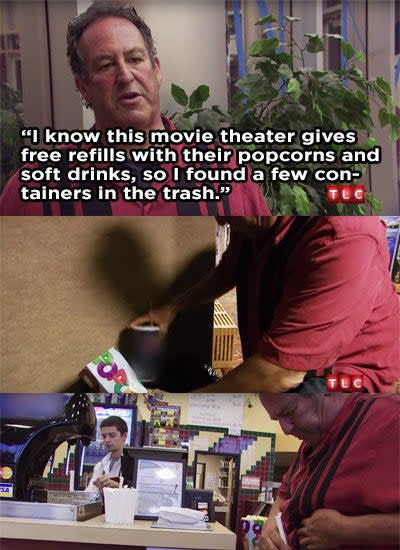 A man fishing through the garbage at a movie theatre for snacks to eat during the movie