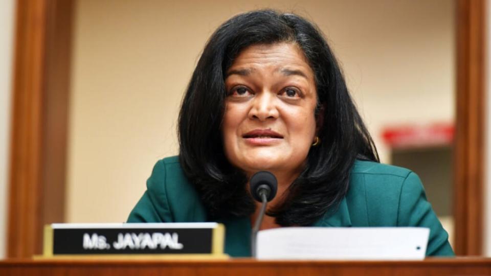 In this July 2020 photo, Washington Rep. Pramila Jayapal speaks during the House Judiciary Subcommittee hearing on Antitrust, Commercial and Administrative Law on Online Platforms and Market Power on Capitol Hill. (Photo by Mandel Ngan-Pool/Getty Images)