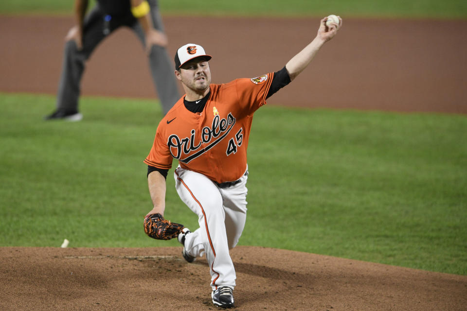 Baltimore Orioles starting pitcher Keegan Akin delivers a pitch during a baseball game against the New York Yankees, Saturday, Sept. 5, 2020, in Baltimore. (AP Photo/Nick Wass)