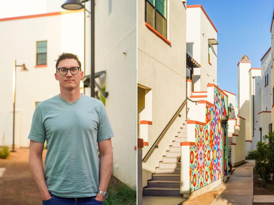 Culdesac Tempe: Left: A person in a green shirt stands in front of white buildings