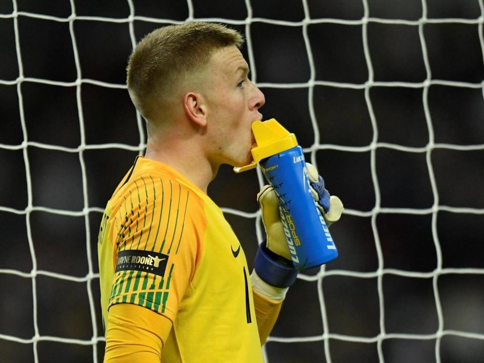 Jordan Pickford lists details of the US's penalty takers on his water bottle (Reuters)