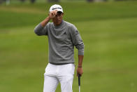 Collin Morikawa waves on the 15th hole during the final round of the PGA Championship golf tournament at TPC Harding Park Sunday, Aug. 9, 2020, in San Francisco. (AP Photo/Jeff Chiu)