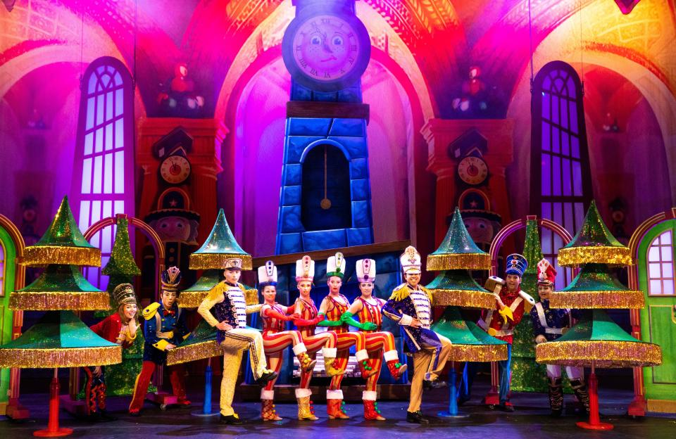 The Cirque Dreams Holidaze show brings traditional holiday storybook characters to life. Among them, dancers dressed as toy soldiers.