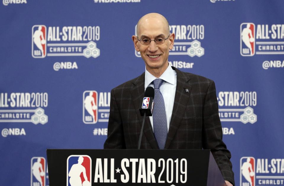 NBA Commissioner Adam Silver speaks during the NBA All-Star festivities, Saturday, Feb. 16, 2019, in Charlotte, N.C. The 68th All-Star game will be played Sunday. (AP Photo/Gerry Broome)