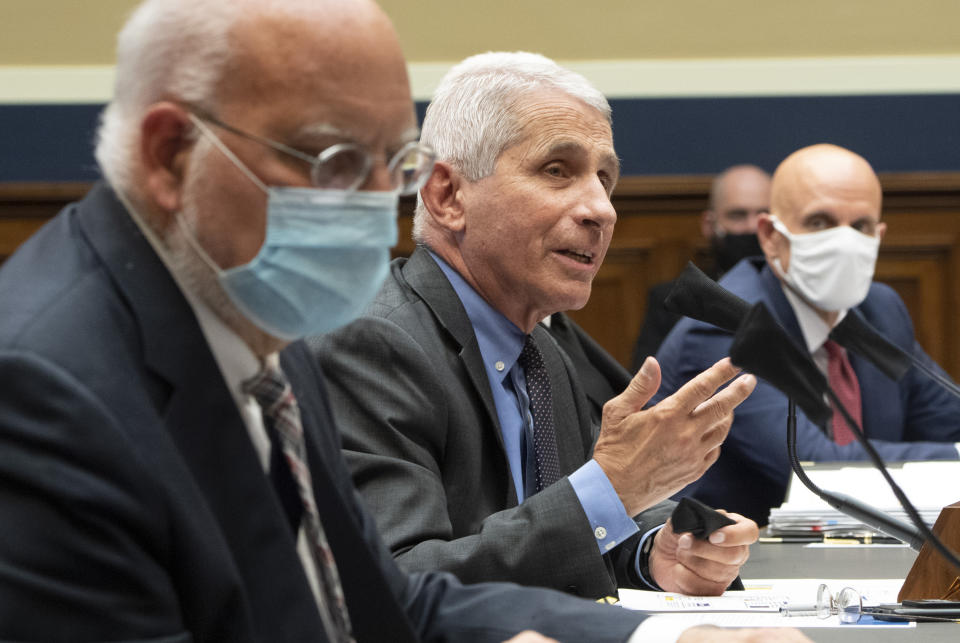 From left to right, Dr. Robert Redfield, Director, Centers for Disease Control and Prevention; Dr. Anthony Fauci, Director, National Institute for Allergy and Infectious Diseases, National Institutes of Health and Dr. Stephen M. Hahn, Commissioner, U.S. Food and Drug Administration testify, before a House Committee on Energy and Commerce on the Trump administration's response to the COVID-19 pandemic on Capitol Hill in Washington on Tuesday, June 23, 2020. (Kevin Dietsch/Pool via AP)