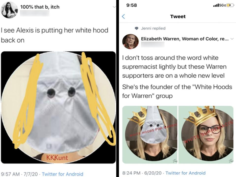 Multiple accounts lifted and photoshopped Lawson's profile image to show her wearing a Ku Klux Klan hood with the words "KKKunt" and "white supremacist." (Photo: Twitter)