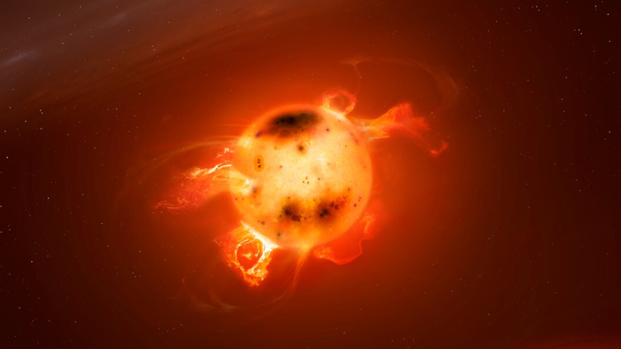  An illustration shows a small star bursting with activity including sunspots and flares caused by magnetic fields 