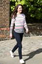 <p><em>April 19, 2017 —</em> Dressed down in jeans and a striped pullover, the Duchess laced up her favorite <a href="https://www.amazon.com/Superga-2750-Cotu-Classic-Sneaker/dp/B005GHQ8SK" rel="nofollow noopener" target="_blank" data-ylk="slk:Supergas;elm:context_link;itc:0;sec:content-canvas" class="link ">Supergas</a> for a reception honoring London Marathon runners. The race benefited the young royals' mental health campaign <a href="https://www.goodhousekeeping.com/life/news/a38044/royals-heads-together-video/" rel="nofollow noopener" target="_blank" data-ylk="slk:Heads Together;elm:context_link;itc:0;sec:content-canvas" class="link ">Heads Together</a>.</p>