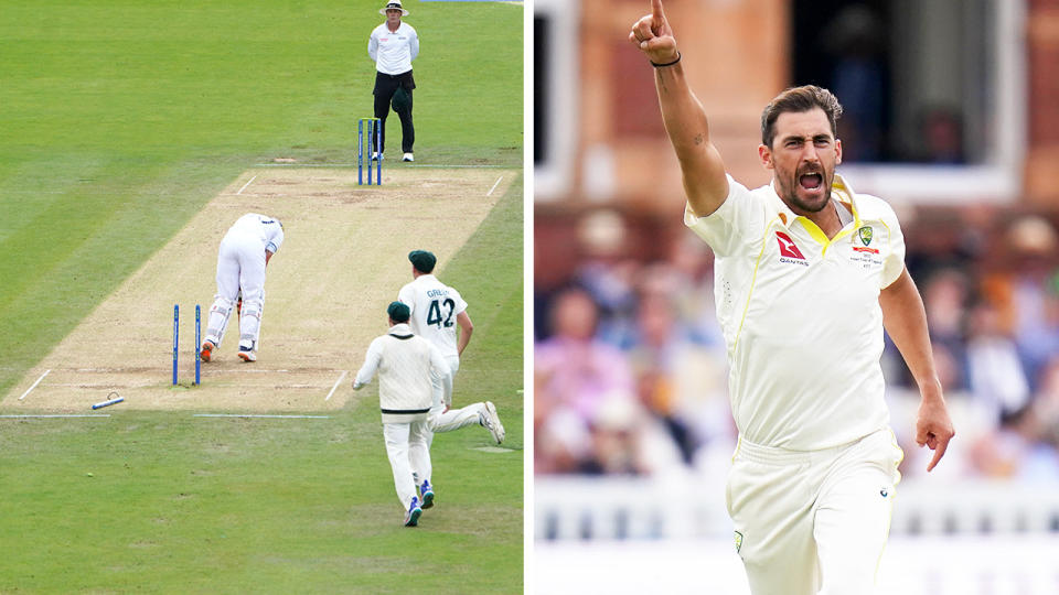 Ollie Pope bowled and Mitchell Starc celebrates a wicket.