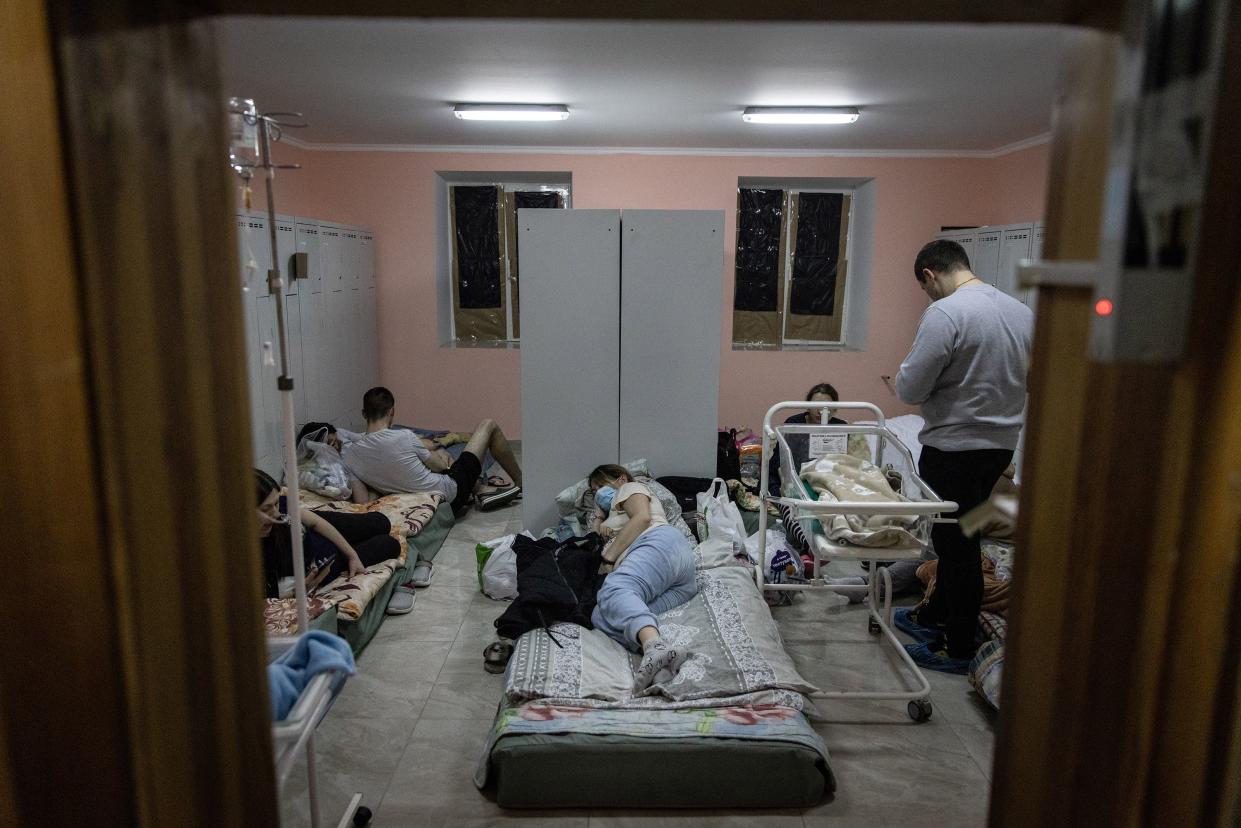 Women rest in the bomb shelter of a maternity hospital on March 2, 2022, in Kyiv, Ukraine.