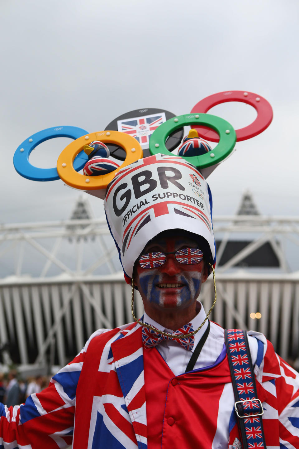 LONDON, ENGLAND - JULY 27: A British fan shows off his colours during the London 2012 Olympic Games Opening Ceremony at the Olympic Stadium on July 27, 2012 in London, England. (Photo by Michael Steele/Getty Images)