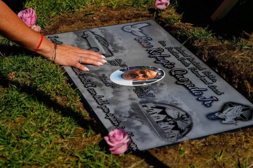 Sandy tends to Jose's headstone in a Long Beach cemetery. In addition to his photo, it shows images of his Super Sport Impala, and of the mural opposing youth violence from the Wilmington Recreation Center.