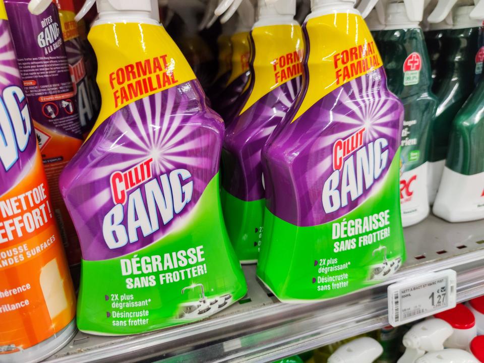 Puilboreau, France - October 14, 2020:Row of Household Cleaning Product, Cillit Bang, in a French Supermarket