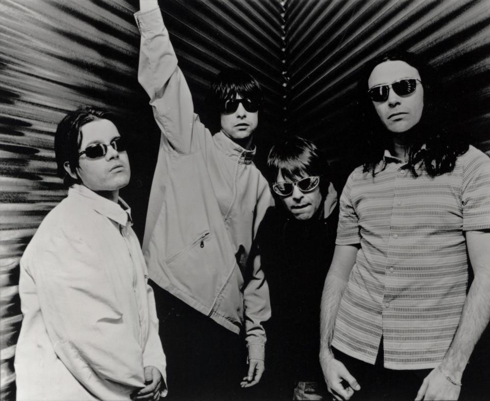 This 1997 photo shows Primal Scream members Martin Duffy, left, Bobby Gillespie, Gary "Manny" Mountfield and Robert Young.