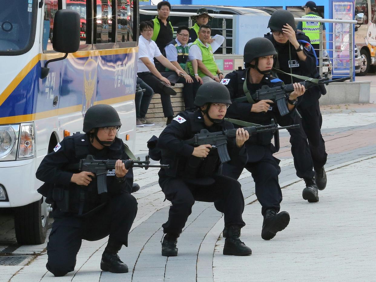 South Korean police officers participate in the Ulchi Freedom Guardian exercise, in Goyang, South Korea on Aug. 21, 2017: AP