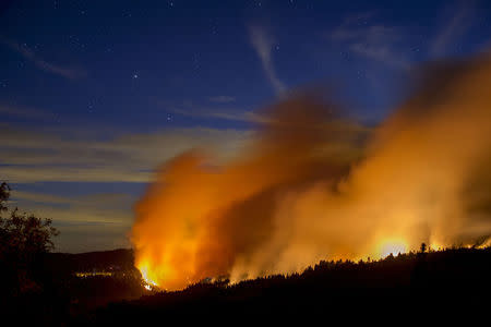 Flames and smoke from the King Fire fill the sky above Fresh Pond, California September 16, 2014. REUTERS/Noah Berger